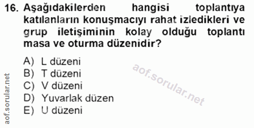 16. soru: Aşağıdakilerden hangisi toplantıya katılanların konuşmacıyı rahat izledikleri ve grup iletişiminin kolay olduğu topla…