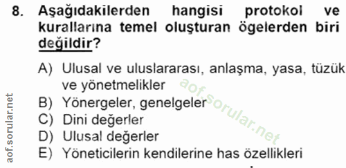 8. soru: Aşağıdakilerden hangisi protokol ve kurallarına temel oluşturan ögelerden biri degildir? A) Ulusal ve uluslararası, a…