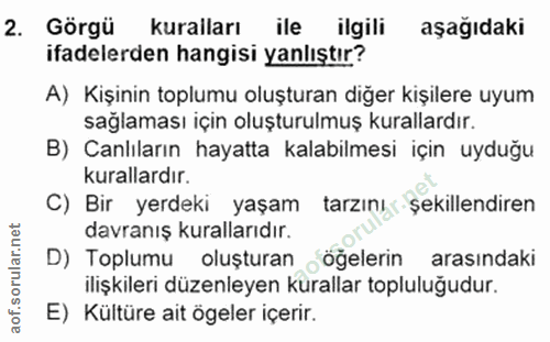 2. soru: Görgü 2. Görgü kuralları ile ilgili aşağıdaki ifadelerden hangisi yanlıştır? A) Kişinin toplumu oluşturan diğer kişil…