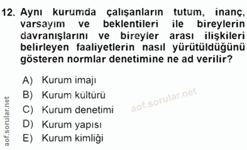 12. soru: Aynı kurumda çalışanların tutum, inanç, varsayım ve beklentileri ile bireylerin davranışlarını ve bireyler arası iliş…
