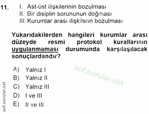 11. soru: I. Ast-üst ilişkilerinin bozulması II. Bir disiplin sorununun doğması III. Kurumlar arası ilişkilerin bozulması Yukar…