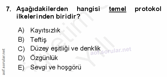 7. soru: Aşağıdakilerden hangisi temel protokol ilkelerinden biridir? A) Kayıtsızlık B) Teftiş C) Düzey eşitliği ve denklik D)…
