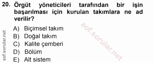 20. soru: Örgüt yöneticileri tarafindan bir işin başarılması için kurulan takımlara ne ad verilir? A) Biçimsel takım B) Doğal t…