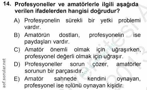14. soru: Profesyoneller ve amatörlerle ilgili aşağıda verilen ifadelerden hangisi doğrudur? A) Profesyonelin sürekli bir yetki…