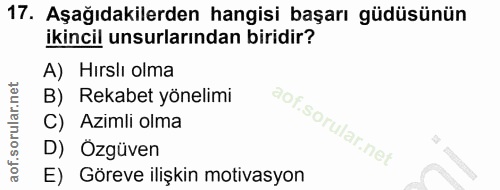 17. soru: Aşağıdakilerden hangisi başarı güdüsünün ikincil unsurlarından biridir? A) Hırslı olma B) Rekabet yönelimi Azimli olm…