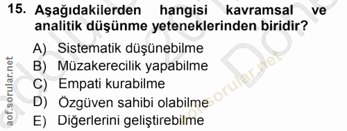 15. soru: Aşağıdakilerden hangisi kavramsal ve analitik düşünme yeteneklerinden biridir? A) Sistematik düşünebilme B) Müzakerec…