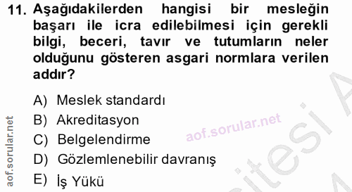 11. soru: Aşağıdakilerden hangisi bir mesleğin başarı ile icra edilebilmesi için gerekli bilgi, beceri, tavır ve tutumların nel…
