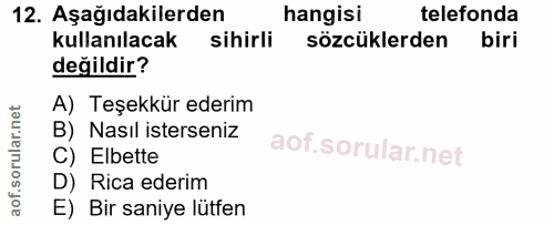 12. soru: Aşağıdakilerden hangisi telefonda kullanılacak sihirli sözcüklerden biri değildir? A) Teşekkür ederim B) Nasıl isters…