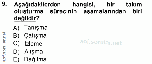 9. soru: Aşağıdakilerden hangisi, bir takım oluşturma sürecinin aşamalarından biri değildir? A) Tanışma orular.net B) Çatışma…