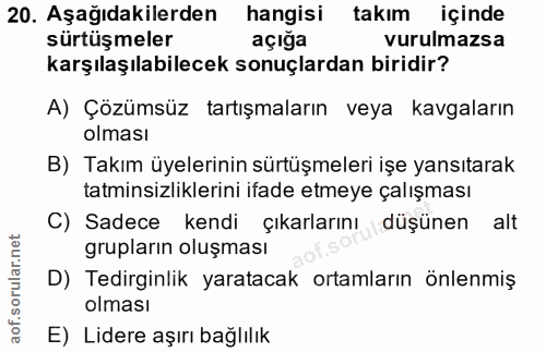 20. soru: Aşağıdakilerden hangisi takım içinde sürtüşmeler açığa vurulmazsa karşılaşılabilecek sonuçlardan biridir? A) Çözümsüz…