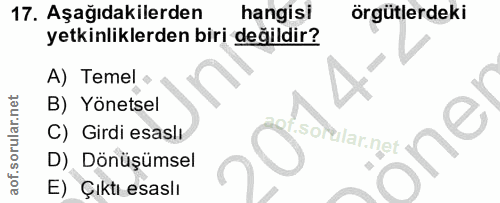 17. soru: Aşağıdakilerden hangisi örgütlerdeki yetkinliklerden biri değildir? A) Temel • B) Yönetsel C) Girdi esaslı soteilar.n…