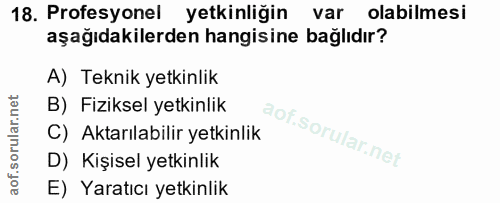 18. soru: Profesyonel yetkinliğin var olabilmesi aşağıdakilerden hangisine bağlıdır? A) Teknik yetkinlik B) Fiziksel yetkinlik…