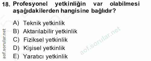 18. soru: Profesyonel yetkinliğin var olabilmesi aşağıdakilerden hangisine bağlıdır? A) Teknik yetkinlik B) Aktarılabilir yetki…