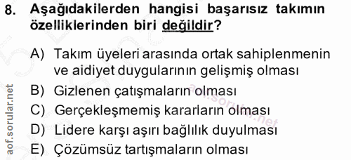 8. soru: Aşağıdakilerden hangisi başarısız takımın özelliklerinden biri değildir? A) Takım üyeleri arasında ortak sahiplenmeni…