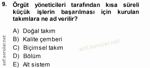9. soru: Örgüt yöneticileri tarafından kısa süreli küçük işlerin başarılması için kurulan takımlara ne ad verilir? A) Doğal ta…