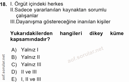 18. soru: I. Örgüt içindeki herkes II.Sadece yararlanılan kaynaktan sorumlu çalışanlar IlI. Dayanışma göstereceğine inanılan ki…