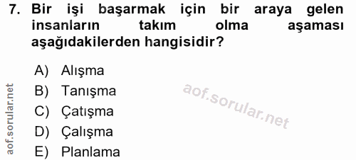 7. soru: Bir işi başarmak için bir araya gelen insanların takım olma aşaması aşağıdakilerden hangisidir? A) Alışma orular.net…