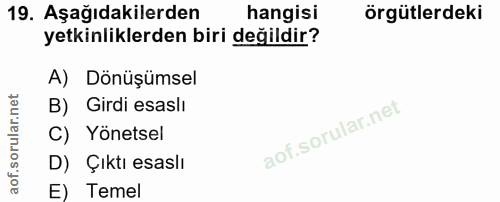 19. soru: Aşağıdakilerden hangisi örgütlerdeki yetkinliklerden biri değildir? A) Dönüşümsel B) Girdi esaslı C) Yönetsel D) Çıkt…