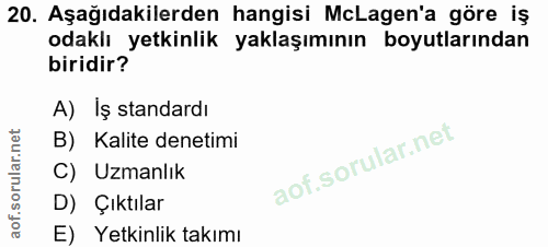 20. soru: Aşağıdakilerden hangisi Lagen'a göre iş odaklı yetkinlik yaklaşımının boyutlarından biridir? A) İş standardı B) Kalit…