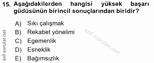 15. soru: Aşağıdakilerden hangisi yüksek başarı güdüsünün birincil sonuçlarından biridir? A) Sıkı çalışmak B) Rekabet yönelimi…