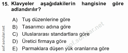 15. soru: Klavyeler aşağıdakilerin hangisine göre adlandırılır? A) Tuş düzenlerine göre B) Tasarimcı adına göre rular.n C) Ulus…