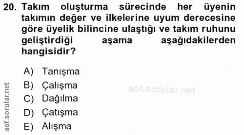 20. soru: Takım oluşturma sürecinde her üyenin takımın değer ve ilkelerine uyum derecesine göre üyelik bilincine ulaştığı ve ta…