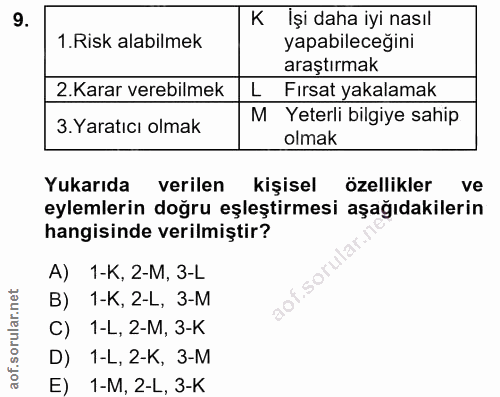9. soru: K İşi daha iyi nasıl 1. Risk alabilmek yapabileceğini araştırmak 2. Karar verebilmek L Fırsat yakalamak 3. Yaratıcı o…