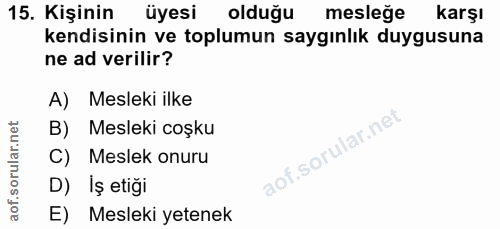 15. soru: Kişinin üyesi olduğu mesleğe karşı kendisinin ve toplumun saygınlık duygusuna ne ad verilir? A) Mesleki ilke B) Mesle…
