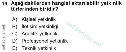 19. soru: Aşağıdakilerden hangisi aktarılabilir yetkinlik türlerinden biridir? A) Kişisel yetkinlik B) İletişim yetkinliği C) A…