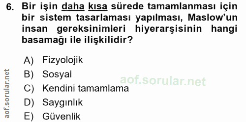 6. soru: Bir işin daha kısa sürede tamamlanması için bir sistem tasarlaması yapılması, Maslow'un insan gereksinimleri hiyerarş…