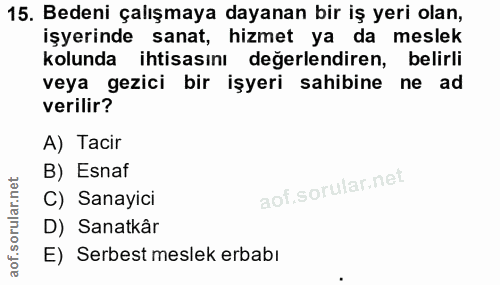 15. soru: Bedeni çalışmaya dayanan bir iş yeri olan, işyerinde sanat, hizmet ya da meslek kolunda ihtisasını değerlendiren, bel…