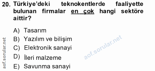 20. soru: Türkiye'deki teknokentlerde faaliyette bulunan firmalar en çok hangi sektöre aittir? A) Tasarım B) Yazılım ve bilişim…