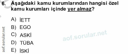 6. soru: Aşağıdaki kamu kurumlarından hangisi özel kamu kurumları içinde yer almaz? A) IETT B) EGO C) ASKİ D) TÜBA E) isKi