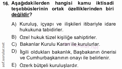 16. soru: Aşağıdakilerden hangisi kamu iktisadi teşebbüslerinin ortak özelliklerinden biri değildir? A) Kuruluş, içyapı ve iliş…