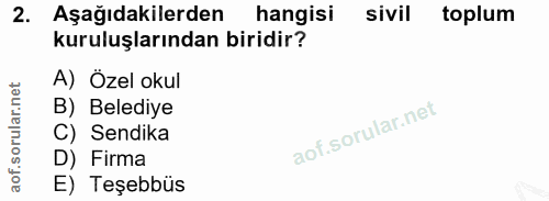 2. soru: Aşağıdakilerden hangisi sivil toplum kuruluşlarından biridir? A) Özel okul B) Belediye C) Sendika D) Firma E) Teşebbüs