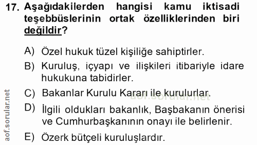 17. soru: Aşağıdakilerden hangisi kamu iktisadi teşebbüslerinin ortak özelliklerinden biri değildir? A) Özel hukuk tüzel kişili…