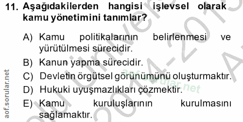 11. soru: Aşağıdakilerden hangisi işlevsel olarak kamu yönetimini tanımlar? A) Kamu politikalarının belirlenmesi ve yürütülmesi…