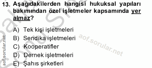 13. soru: Aşağıdakilerden hangisi hukuksal yapıları bakımından özel işletmeler kapsamında yer almaz? A) Tek kişi işletmeleri B)…
