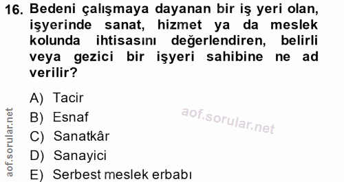 16. soru: Bedeni çalışmaya dayanan bir iş yeri olan, işyerinde sanat, hizmet ya da meslek kolunda ihtisasını değerlendiren, bel…