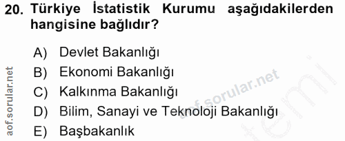 20. soru: Türkiye İstatistik Kurumu aşağıdakilerden hangisine bağlıdır? A) Devlet Bakanlığı B) Ekonomi Bakanlığı ir.net C) Kalk…