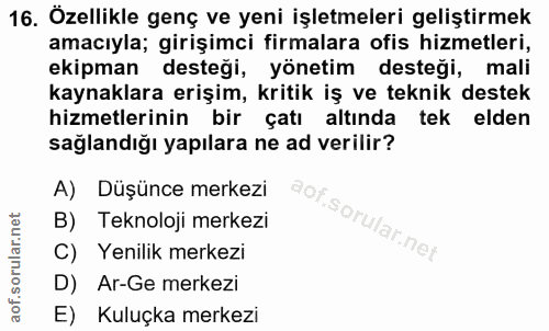 16. soru: Özellikle genç ve yeni işletmeleri geliştirmek amacıyla; girişimci firmalara ofis hizmetleri, ekipman desteği, yöneti…