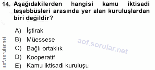 14. soru: Aşağıdakilerden hangisi kamu iktisadi teşebbüsleri arasında yer alan kuruluşlardan biri değildir? A) İştirak B) Müess…