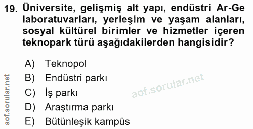 19. soru: Universite, gelişmiş alt yapı, endüstri Ar-Ge laboratuvarları, yerleşim ve yaşam alanları, sosyal kültürel birimler v…