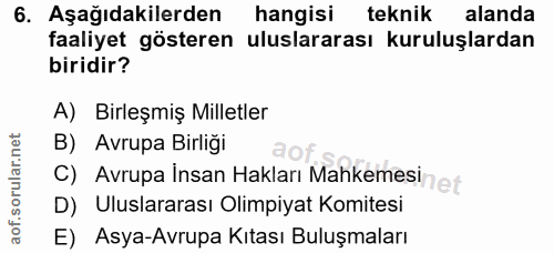 6. soru: Aşağıdakilerden hangisi teknik alanda faaliyet gösteren uluslararası kuruluşlardan biridir? A) Birleşmiş Milletler B)…