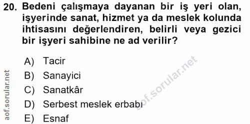 20. soru: Bedeni çalışmaya dayanan bir iş yeri olan, işyerinde sanat, hizmet ya da meslek kolunda ihtisasını değerlendiren, bel…