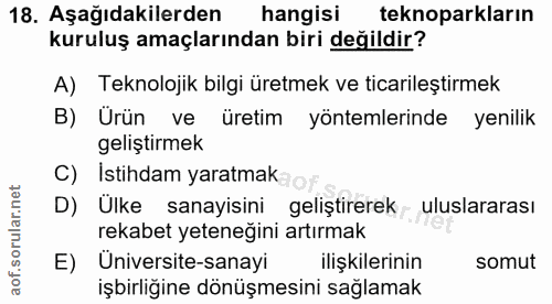 18. soru: Aşağıdakilerden hangisi teknoparkların kuruluş amaçlarından biri değildir? A) Teknolojik bilgi üretmek ve ticarileşti…