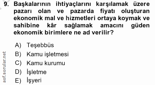 9. soru: Başkalarının ihtiyaçlarını karşılamak üzere pazarı olan ve pazarda fiyatı oluşturan ekonomik mal ve hizmetleri ortaya…