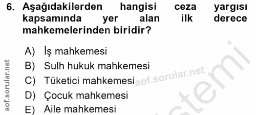 6. soru: Aşağıdakilerden | hangisi ceza yargısı kapsamında yer alan ilk derece mahkemelerinden biridir? A) İş mahkemesi C) Tük…