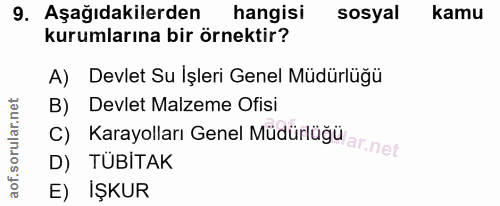 9. soru: Aşağıdakilerden hangisi sosyal kamu kurumlarına bir örnektir? A) Devlet Su Işleri Genel Müdürlüğü B) Devlet Malzeme O…