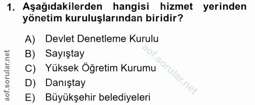 1. soru: Aşağıdakilerden hangisi hizmet yerinden yönetim kuruluşlarından biridir? A) Devlet Denetleme Kurulu B) Sayıştay C) Yü…